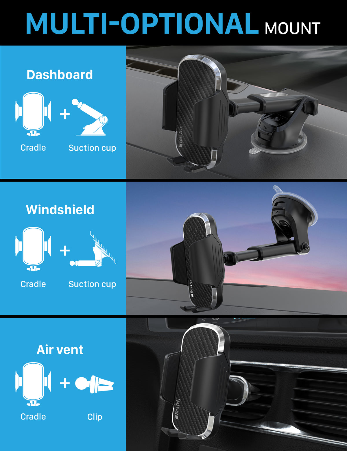 BesTrix Phone Mount for Car - 3 products in one