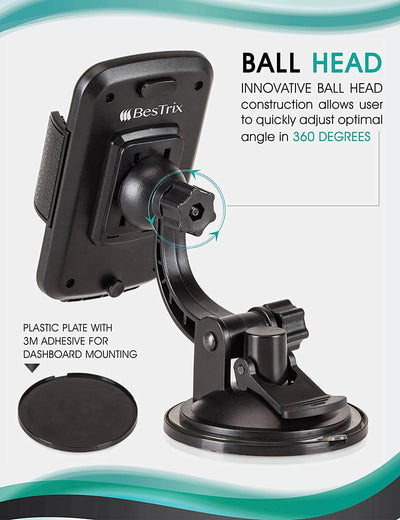Bestrix Universal Dashboard & Windshield Car Phone Mount Holder Compatible with iPhone 6/6S/7/8/X Plus 5S/5C/5 Samsung Galaxy S5/S6/S7/S8/S9 Edge/Plus Note 4/5/8 LG G4/G5/G6 All Smartphones up to 6" - Bestrix
